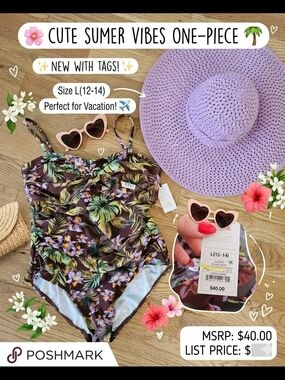 Tropical Floral One-Piece Swimsuit - Brown & Green & Lavender Size Large